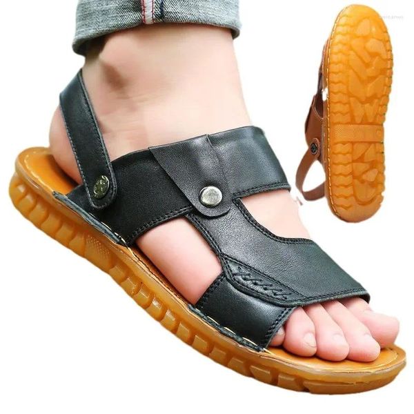 Sandali da uomo strato superiore in pelle bovina fondo tendine scarpe da spiaggia pantofole casual estive suola morbida antiscivolo transfrontaliera