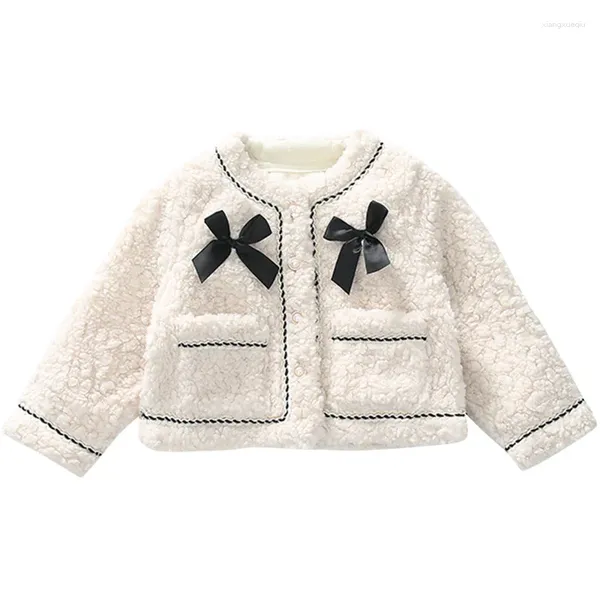 Куртки для маленьких девочек, флисовое пальто с ягненком, плюшевая теплая куртка, детская элегантная детская одежда с лацканами и бантом, осенне-зимняя верхняя одежда принцессы, От 1 до 10 лет