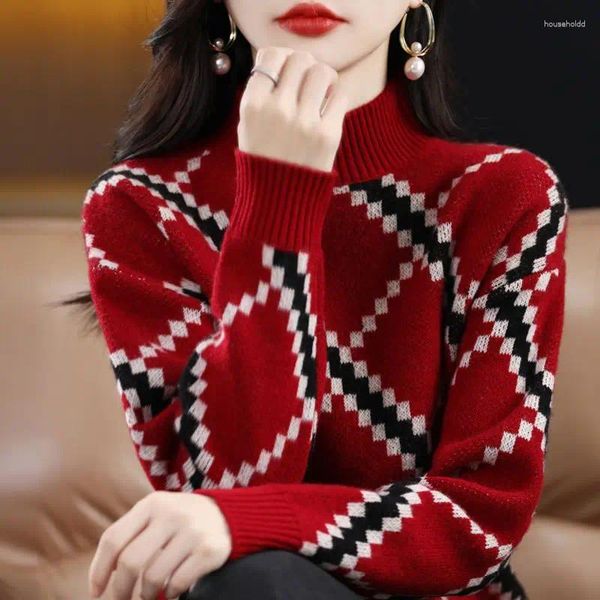 Kadın Sweaters 2024 Vintage Kadın Giyim Argyle Baskılı Moda Geometrik Eklenmiş Sonbahar Kış All-Match Yarım Yatak Jumper'lar