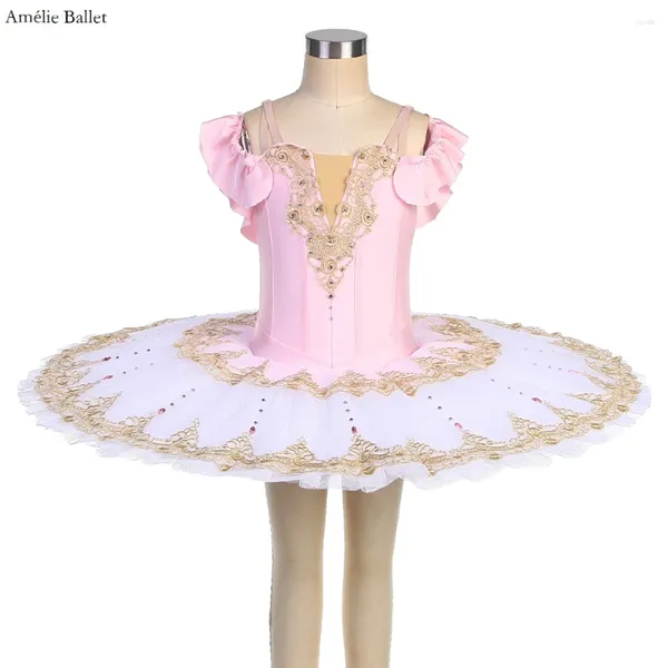 Stage Wear BLL541 Spandex rosa con spalle scoperte e applicazioni dorate Decorato Tutu di balletto pre-professionale Costume da performance per donna