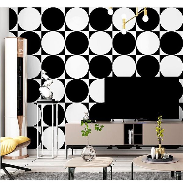 Papel de parede xadrez nórdico, preto e branco, círculo geométrico, restaurante, leite, chá, loja de roupas, sala de estar213d