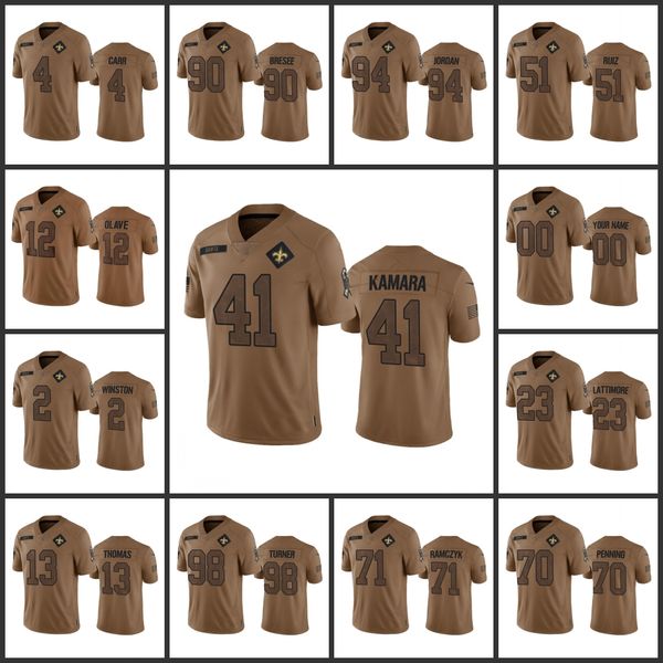 New Orleans''Saints''Men 12 Chris Olave 41 Alvin Kamara 13 Michael Thomas 23 Marshon Lattimore Donne Youth Custom Brown 2023 Salute To Service Limited Jersey