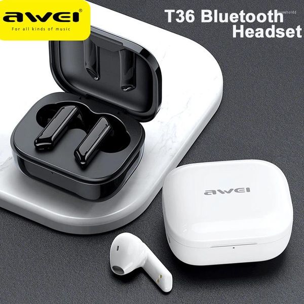 Awei T36 Fones de ouvido sem fio Bluetooth à prova d'água com controle de toque de microfone TWS fone de ouvido longo tempo de espera para todos os telefones