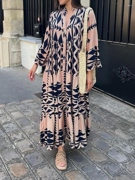 Abiti casual Boho Summer Maxi Dress Donna 2024 Vintage Bottoni Manica lunga Elegante Vacanza Spiaggia Abiti femminili larghi