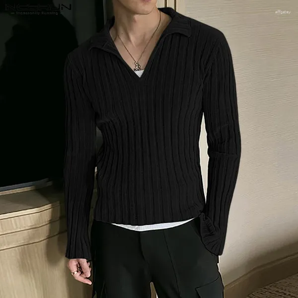 T-shirt da uomo INCERUN Top 2024 Stile coreano Elastico Pit Stripe T-shirt in pelle scamosciata Casual Streetwear Maschile con scollo a V a maniche lunghe Camiseta S-5XL