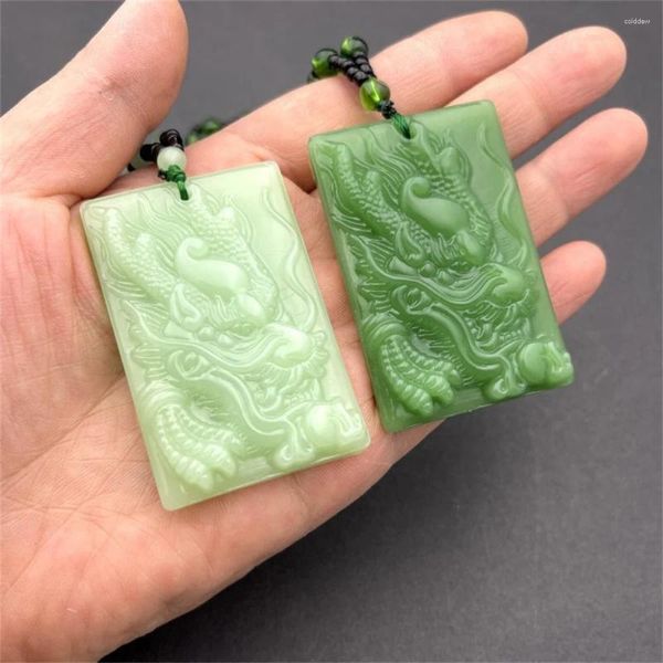 Pingente colares moda verde jade pedra mão-esculpida quadrado dragão sorte colar chinês amuleto festa na moda roupas jóias presente