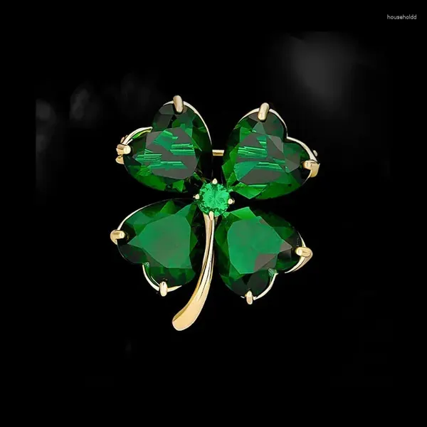 Spille 2024 Cristallo verde Quadrifoglio Spilla Pin per le donne Colore oro Marchio di moda Accessori per gioielli vegetali Regalo di compleanno