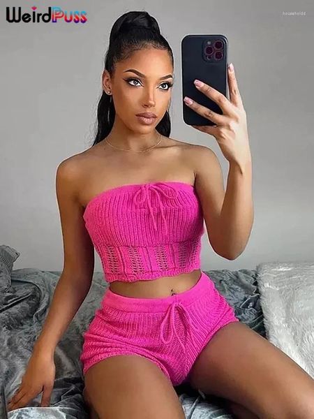 Mulheres Tracksuits Estranho Puss Knit Mulheres 2 Peça Set Ver através de Skinny Elastic Bandage Strapless Tops Shorts Casual Streetwear Correspondência