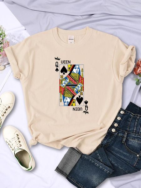 T-Shirts für Damen, Pokerkarten, Königin der Spaten, Q-Aufdruck, Damen-Shirt, modisch, lässig, T-Shirt, Straße, kurzärmelig, Kawaii, atmungsaktives T-Shirt, weiblich