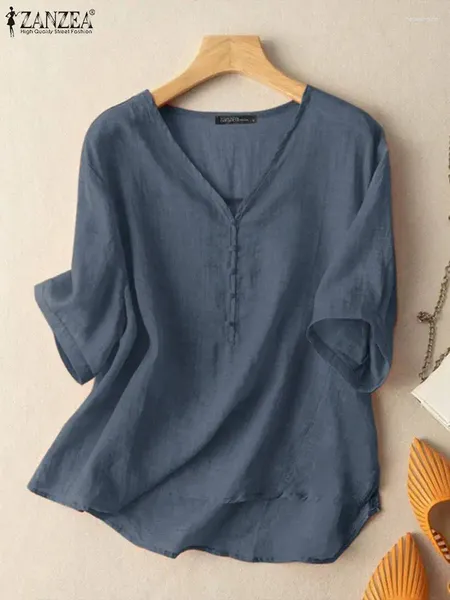 Damenblusen ZANZEA Sommer Damenmode Bluse 3/4 Ärmel V-Ausschnitt Baumwolle Tops Weiblich Einfarbig Koreanisch Elegant Lässig Chemise 2024