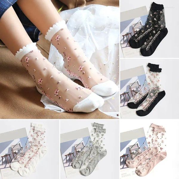 Frauen Socken Sommer Atmungsaktive Ultra Dünne Mädchen Elastische Rose Blume Kurze frauen Transparente Spitze Seide Kristall Socken