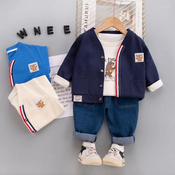 Conjuntos de roupas Olekid 2024 outono infantil meninos 3 pcs roupas conjunto de malha cardigan casaco dos desenhos animados urso hoodie jeans criança bebê menino terno