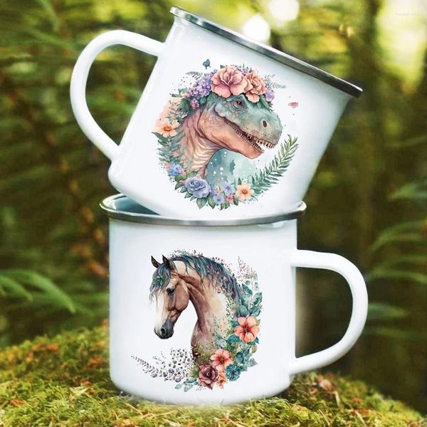 Tazze Dinosauro Cavallo Stampa floreale Tazza smaltata Tazza creativa per bevande al caffè Tazza da campeggio Tazze per falò Maniglia Regali per bambini Amico di famiglia