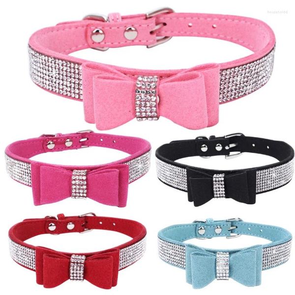 Collari per cani Collare in pelle per la casa Bling imbottito con fiocco con strass Pieno di strass Morbida pelle scamosciata Cucciolo di gatto per razze di piccole e medie dimensioni all'ingrosso