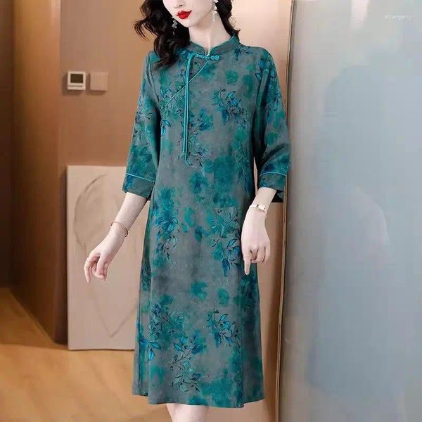 Vestidos casuais mãe seda qipao vestido verão 2024 high-end melhorado cheongsam nobre senhora estilo chinês retro impresso z4879