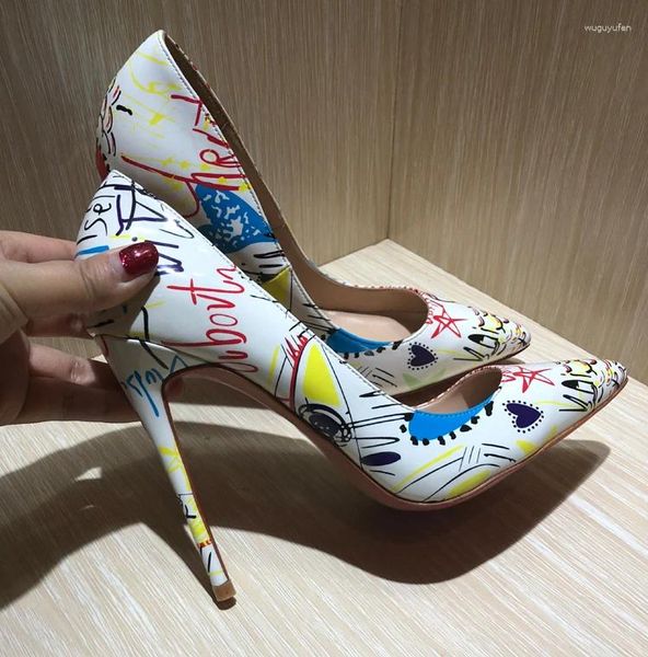 Scarpe eleganti Décolleté da donna Graffiti in pelle verniciata bianca Décolleté sexy con tacco alto a spillo Festa di nozze Grandi dimensioni Sapato Feminino