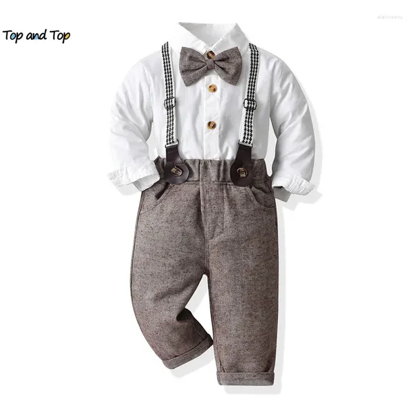 Set di abbigliamento Top e bambini piccoli Ragazzi Gentleman Manica lunga Papillon Camicie bianche Bretelle Pantaloni per la festa di compleanno