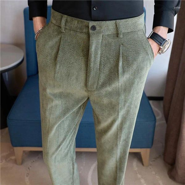 Мужские брюки с эластичным поясом в полоску, утепленный костюм, вельветовый, повседневный, темно-зеленый, модный, укороченный, 2024