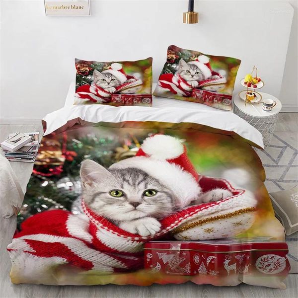 Bettwäsche-Sets Katze Frohe Weihnachten Santa Claus Set Jungen Mädchen Twin Queen-Size-Bettbezug Kissenbezug Bett Kinder Erwachsene Heimtextilienextil