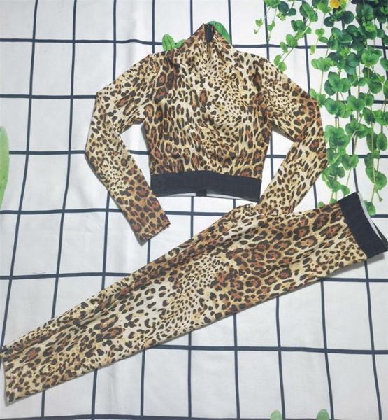 Cheetah women039s calças de duas peças fatos de treino yoga ternos leopardo preto impressão mangas compridas cintura magro leggings esporte suit8064148