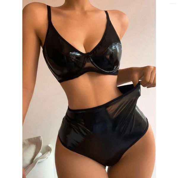 Conjuntos de sutiãs de cintura alta roupa interior de couro conjunto mulheres lingerie sexy push up sutiã e calcinha terno pijamas anel trajes eróticos