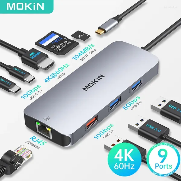MOKiN 9 em 1 USB C Hub 4K HDMI 3.1 10Gbps Portas de dados SD/TF Slots Adaptadores Ethernet para MacBook Air/Pro Surface Pro 7