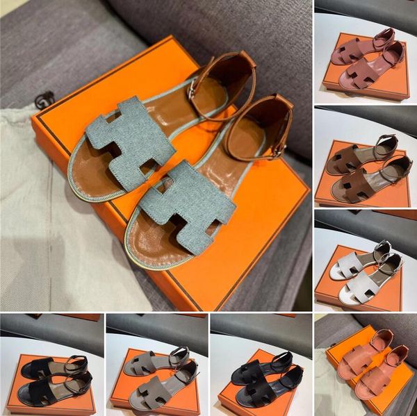 Neue offene Sandalen, flache Damensandalen, Designer-Sandalen mit Knöchelriemen, Sommer-Freizeit-Strandsandalen im Freien, luxuriöse Leder-Slipper-Komfortsandale