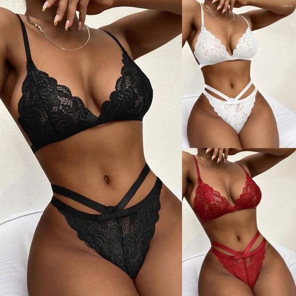 Conjuntos de sutiãs mulheres v pescoço sexy fio livre roupa interior bralette lingerie renda backless cordão terno apertado lenceria