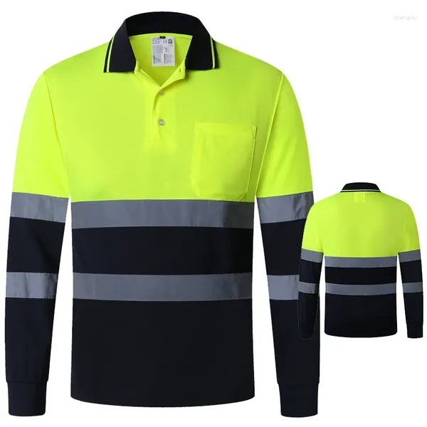 Camisetas masculinas ANSI Classe 2 Hi Vis Amarelo Marinha Manga Longa Camisa Polo Reflexiva Trabalho de Segurança para Homens de Construção