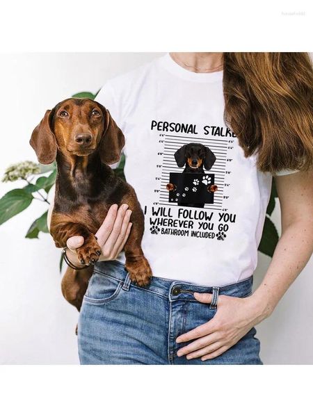 Kadın Tişörtleri Kişisel Stalker Dachshund Baskı Yaz T-Shirt Kısa Kollu Grafik Tees Kadın Köpek Sevgisi Sokak Giyim Tumblr Giysileri