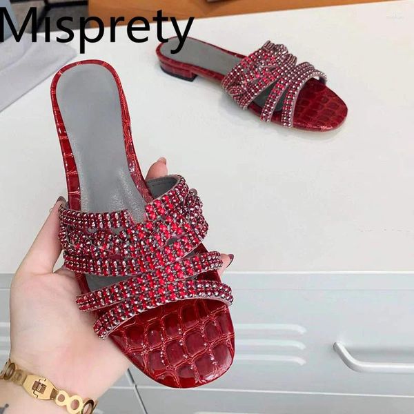 Chinelos Bling Open Toe Flat Slipper Mulher Diamante Cristal Verão Praia Sapato Chegada Vermelho Prata Real Couro Não-Slip Férias