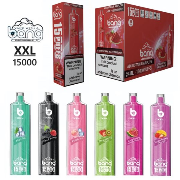 Autêntico Bang XXL DTL 15000 Puffs Vape Descartável 24ml Vape Pré-preenchido Bobina de Malha Shisha Hookah Bar Destacável E Cigarro Dispositivo de Pod de Fluxo de Ar Ajustável