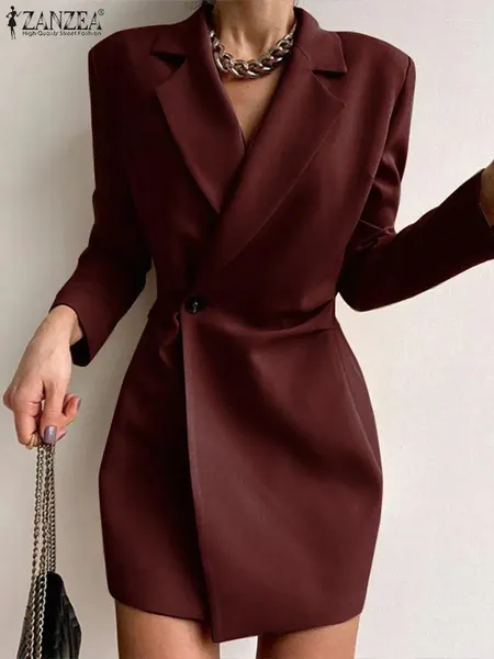 Casual Dresses ZANZEA Fashion Solid Blazer Frauen Langarm Mini Vestidos 2024 Herbst Büro Dame Revers Falten Pendeln Kurze Roben