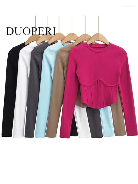 Magliette da donna DUOPERI Moda donna Solid Tunica lavorata a maglia Corta Vintage O-Collo Maniche lunghe Donna Chic Lady Top