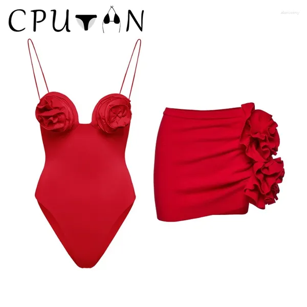 Mulheres Swimwear CPUTAN 2024 Sexy Flor 3D Uma Peça Saia Mulheres Vintage Push Up Swimsuit Sólido Vermelho Beachwear Verão Banheira Terno Vestido