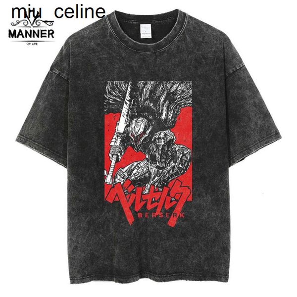 Novo 24ss Mens Camisetas Anime Berserk Vintage Manga Lavado Camiseta 100% Algodão Tees Streetwear Mangas Curtas Tendência Gráfico Impresso Womens Mens T-shirt