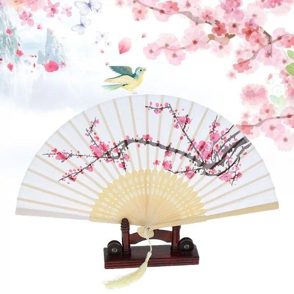 Estatuetas decorativas de verão, leque dobrável chinês vintage, flor de ameixa japonesa, borla de seda, bambu, portátil, festa de casamento, decoração de dança, presente