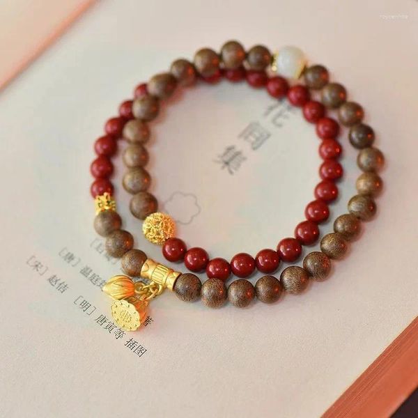 Charm-Armbänder entwerfen ein chinesisches Stil-Zinnober-Doppelarmband mit runden Perlen für das künstlerische Spiel von Agarwood Life als glückliches Geschenk für Frauen