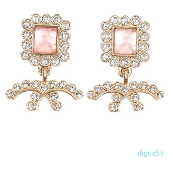 Designer de brincos de bronze clássico duplo letra pingente incrustado rosa swarovski diamantes feminino charme jóias menina moda presente