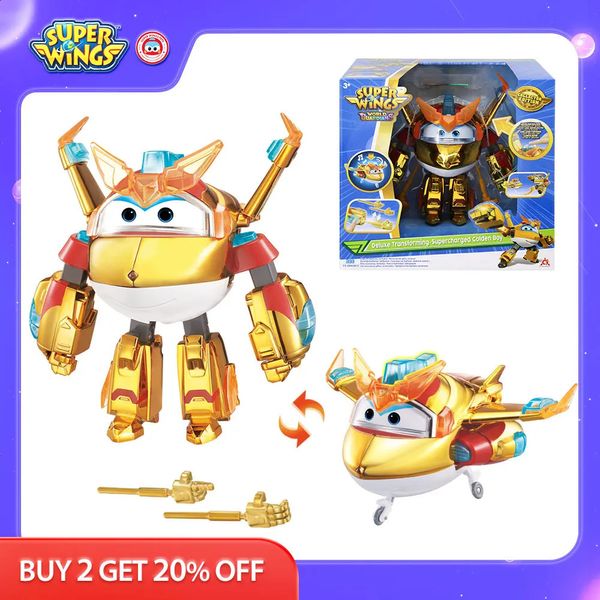 Super Wings 6 polegadas Deluxe Transformando Supercharged Golden Boy com Som Leve 2 Gestos Avião Transformar Robô Anime Kid Toy 240130