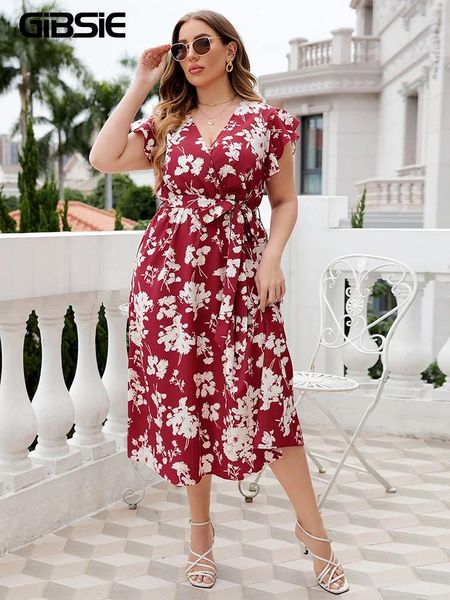 Plus size vestidos gibsie floral impressão borboleta manga com cinto vestido feminino boho verão com decote em v cintura alta a linha de férias longo