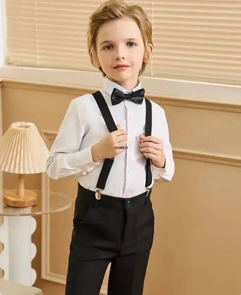 Conjuntos de roupas crianças camisa cinta calças bowtie 4 pcs conjunto meninos 007 pograph terno escola crianças piano desempenho dança vestido traje