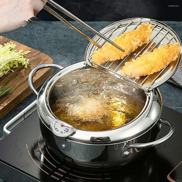 Panelas Cozinha Fritadeira Profunda com Termômetro e Tampa de Aço Inoxidável Japonês Tempura Fritadeira Pan Frito Frango Cozinhar Ferramentas