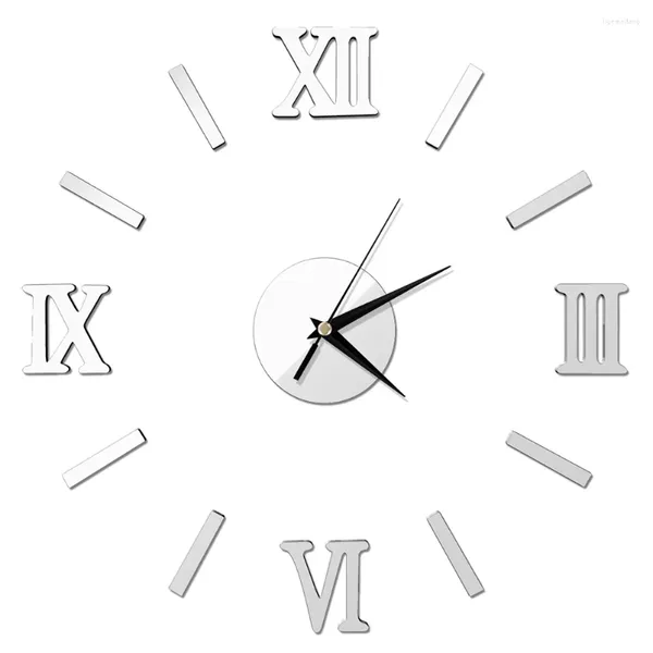 Wanduhren, 3D-DIY-Uhr, modern, rahmenlos, großer Spiegeloberflächeneffekt, für Zuhause, Wohnzimmer, Schlafzimmer, Dekoration (Silber)