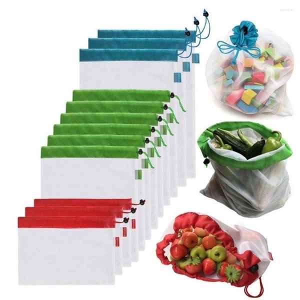 Borse portaoggetti 1 pezzo di rete lavabile ecologica per la spesa, giocattolo, frutta e verdura, sacco riutilizzabile con coulisse