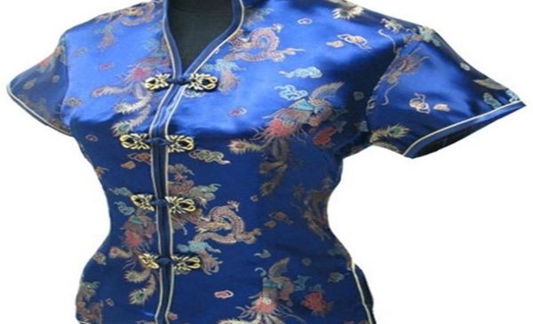 Sommer stilvolle Marineblau chinesische Frauen Bluse traditionelle Seide Satin Shirt Tops V-Ausschnitt Kleidung Größe S M L XL XXL XXXL WS002 Y20064160842