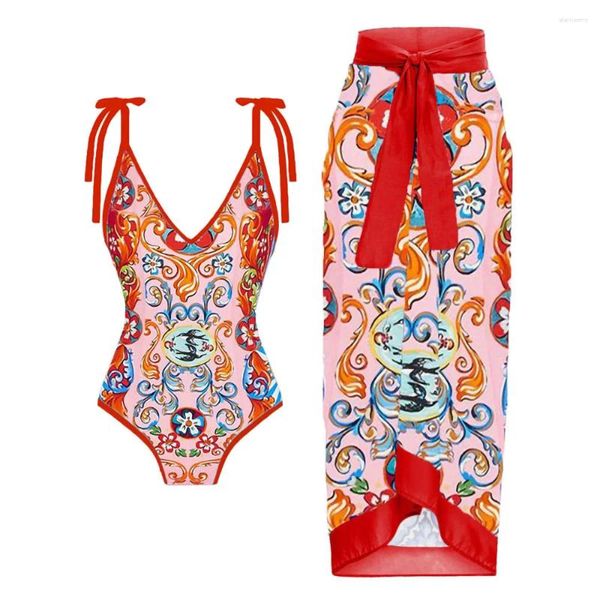 Mulheres Swimwear Vermelho Pintado Imprimir Slim Bikini One-Peça Bow Straps V-Neck Swimsuit Mulheres Moda Cordão Irregular Cover Up Beach Dress
