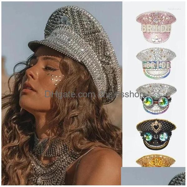 Berets brilhante lantejoulas fedora chapéu para homens mulheres jazz performance palco com borda grande e decoração de cristal steampunk stud óculos boné d dhg4p