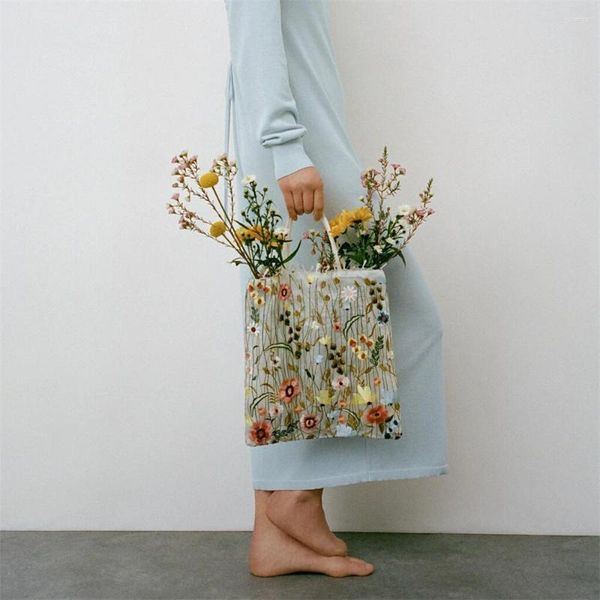 Einkaufstaschen 2024 Mode Tote Sommer Stil Mesh Vollstickerei Blumen Klare Umhängetasche Romantische Handtasche Damen Eco