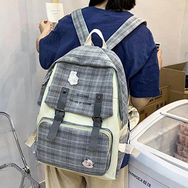 Sacos escolares 5 pçs/set estudante universitário mochila moda xadrez livro casual grande capacidade alça ajustável de náilon simples bonito para férias